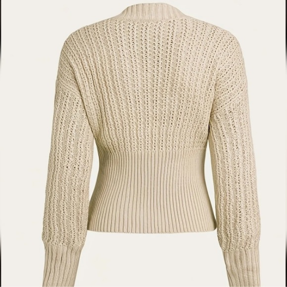 NEW- Gorgeous Open Knit Sweater Long Sleeves V- Neck in Cream/ Beige color - Picture 4 of 9